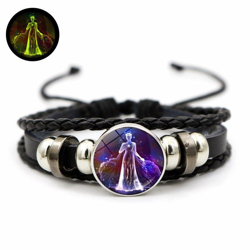 Doce de la constelación al por mayor brillo de piedra en la oscura pulsera de cuero con cuentas tejidas a mano